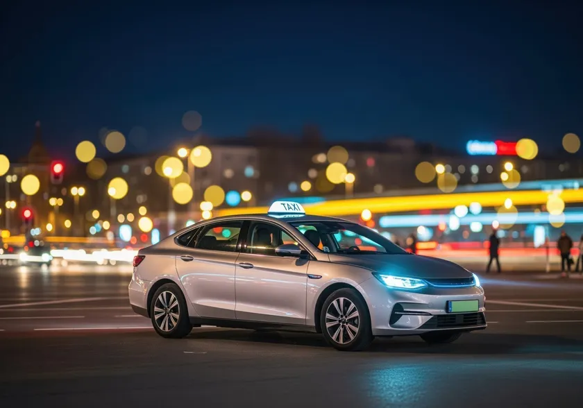 Taxi argenté dans une rue urbaine la nuit
